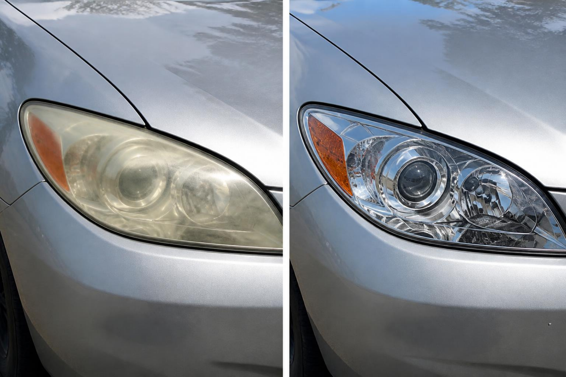 Silver vehicle headlight comparison: cloudy lens on the left, clear lens on the right